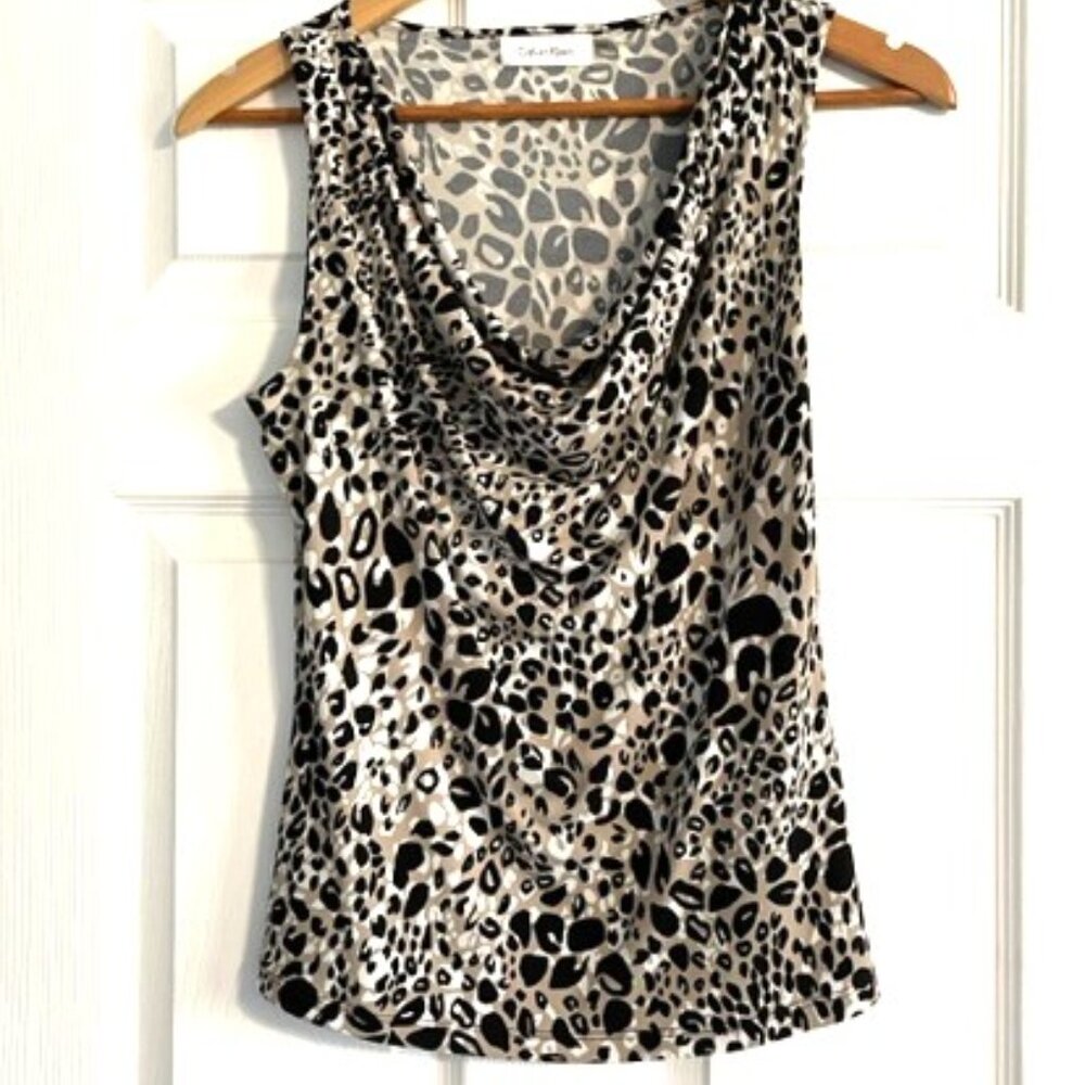 Calvin Klein Sleeveless Animal Print Cowl-Neck Blouse, Size Small